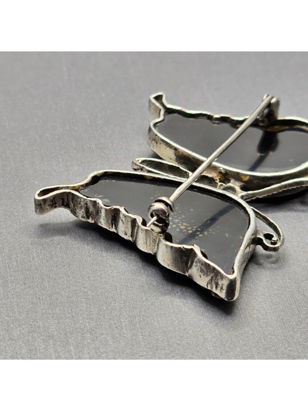 Vintage Sterling Silver Butterfly Brooch 2" Onyx Wings Marcasite Statement Piece - Picture 3 of 11